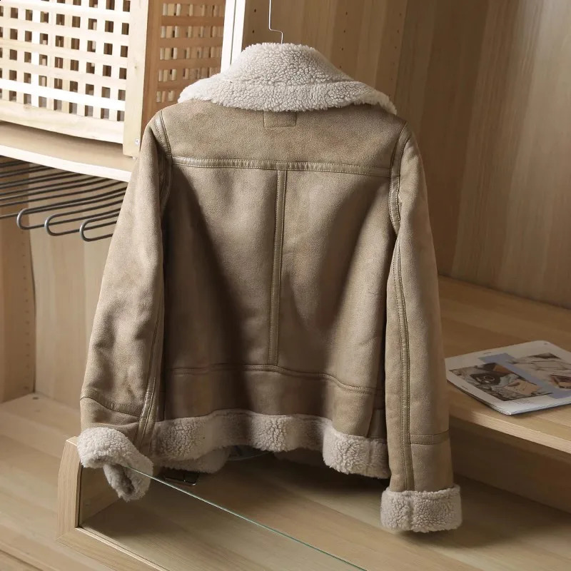 RARF Winter Womens Thick Fleece Sheepskin Jacket Short Motorcycle Brown Jacket Artificial Wool Sheepskin Jacket 241007