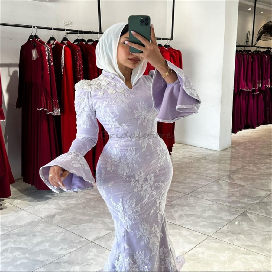 Gorgeous Lilac Muslim Evening Dress Dubai Arabic Mermaid Lace Prom Dresses Long Sleeve Abaya Formal Party Dress Special Occasion Gowns Vestio Fiesta A
