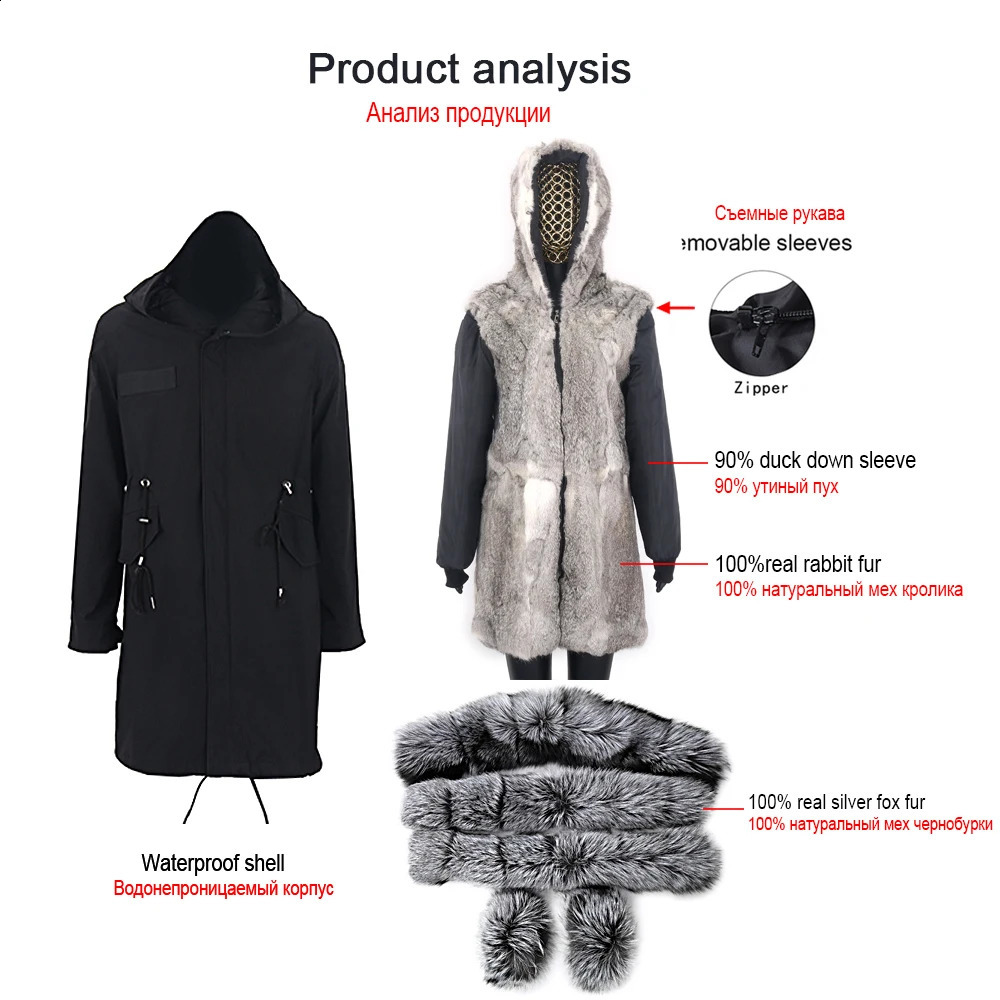 Real Fur Coat Natural Fox Collar Warm Big Outerwear Detachable Womens Long Parka Fashion Winter Jacket 240929
