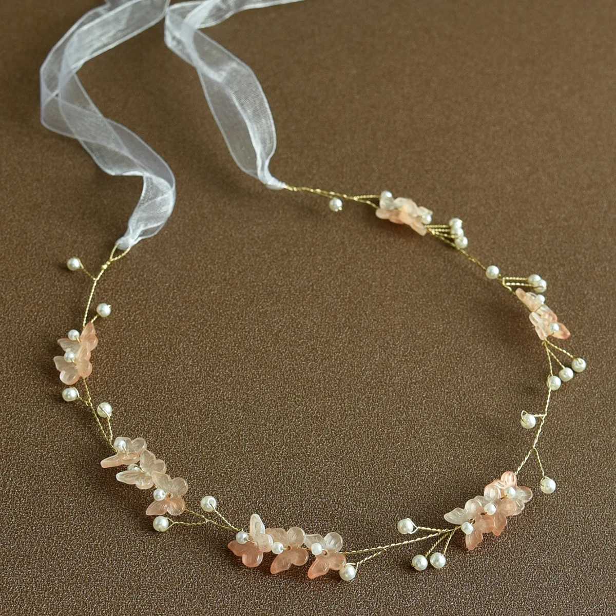 Bridal hair accessories wedding womens pearl hair fairy pink earrings girls head flower crown gold wire decoration women W241007