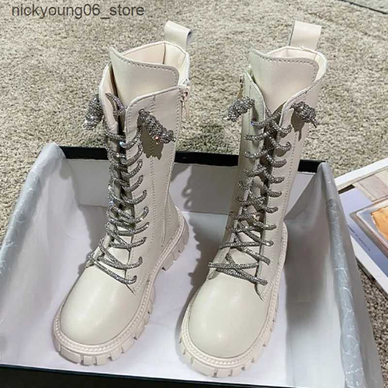 Boots Autumn New Long Boots for Girls Fashion Kids Rhinestone Princess Shoes Warm Anti Slip Casual Cotton Boots Lace Up Children Shoes L240910