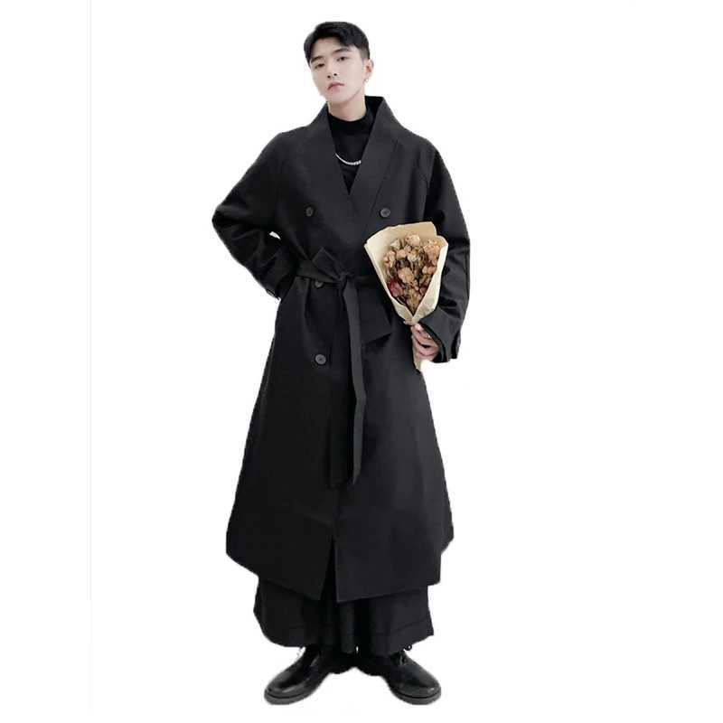 Mens fashionable loose knee coat autumn personalized large collar mid length double chest lace windproof machine W241007