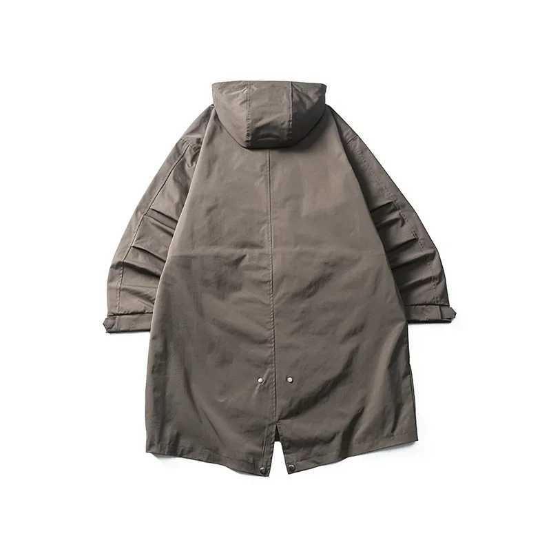 Mens Japanese Korean streetwear loose casual long hooded trench coat mens Amikaji cargo cloak jacket trench coat W241007