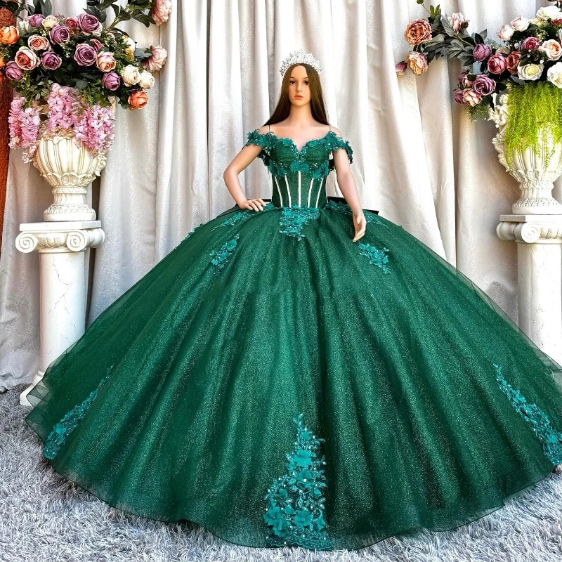Green Shiny Sweetheart Ball Gown Quinceanera Dresses Beads Appliques 3D Flower Bow Birthday Party Gowns Vestidos De 15 Anos Sweet 16 Dress