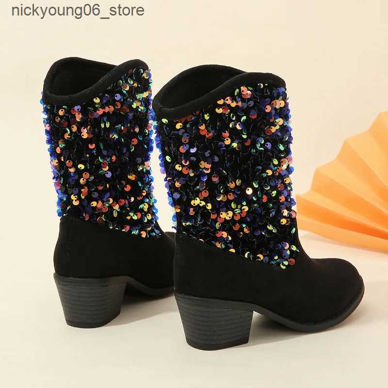 Boots Girls Boots Autumn Winter Toddler Kids Princess Party Fashion Middle Calf Boots Children Brand High Heel Glitter Soft Sole Shoes L240910