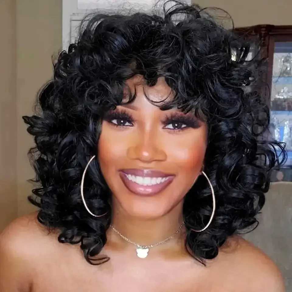 Tereshar Synthetic Black Afro Curly Wig with Bangs Copper Red Hair Big Bouncy Fluffy Short Kinky Curly Wig for Women GirlsXJ241008