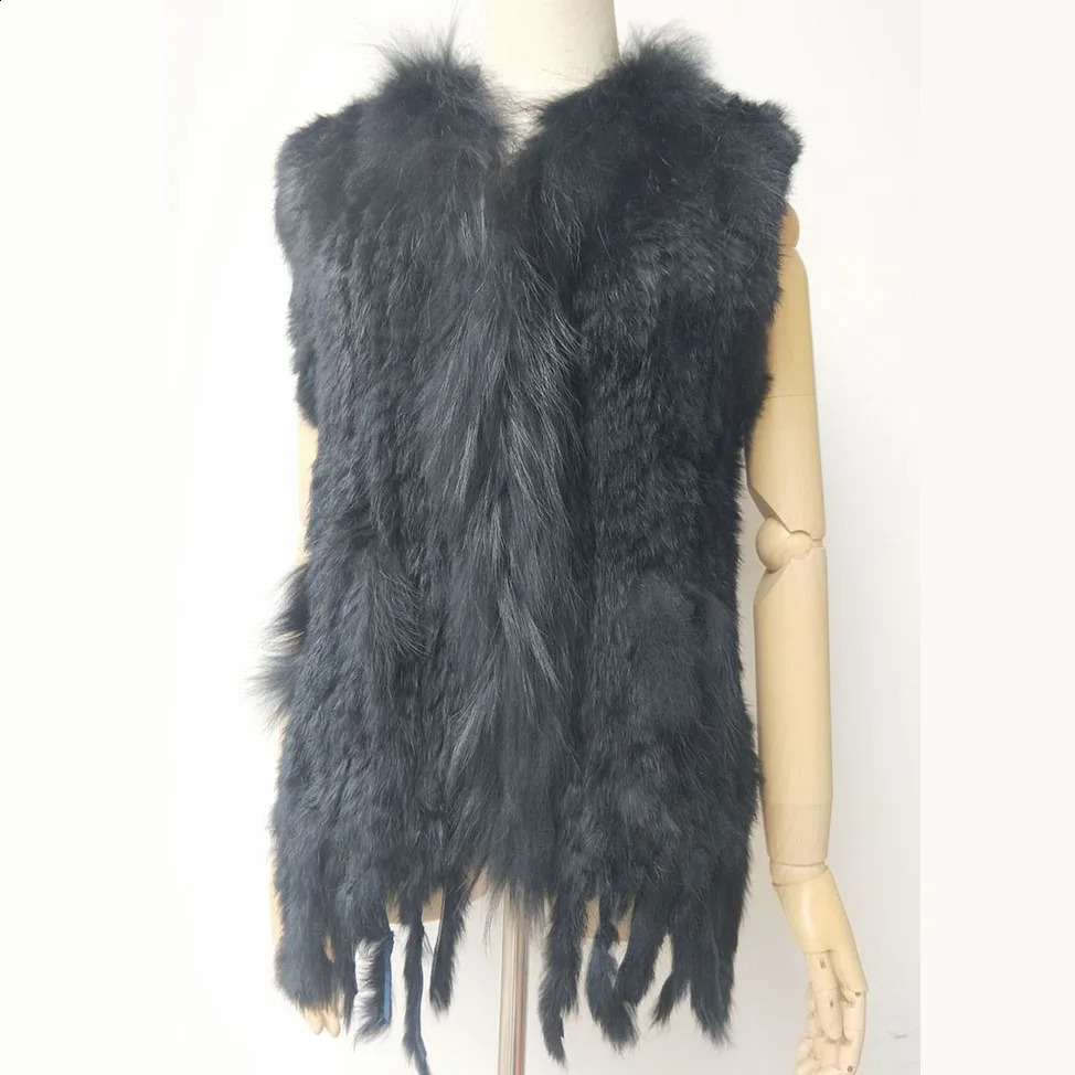 Natural genuine rabbit fur knitted vest with tassels genuine fur warm sleeveless womens fur gold-plated decorated with genuine raccoon fur 240924