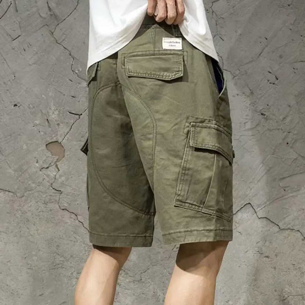 Mens solid color button decoration loose fitting multi pocket wide leg pants summer short mens shortW240713