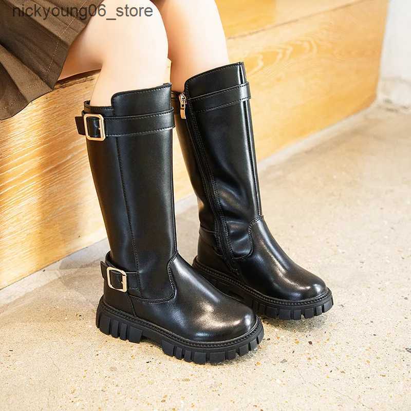 Boots Winter Childrens Boots Black School Girls Long High Boots Fashion Causal Warm Kids Cotton Boots Thick Bottom Mid-Calf Versatile L240910