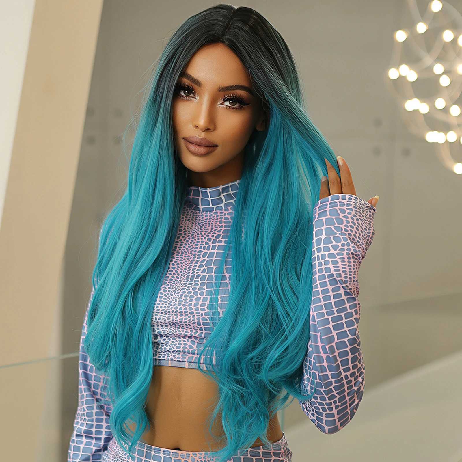 Blue Ombre Long Wavy Synthetic Wigs for Women Cosplay Wig Body Wave Natural Hair Wigs Christmas Party Heat Resistant Fake HairXJ241008