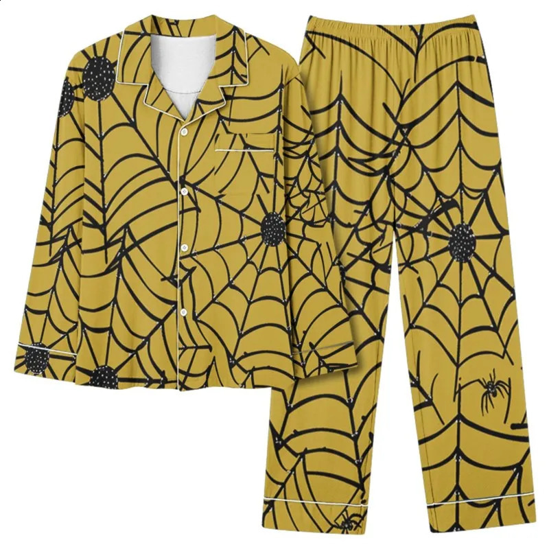 Autumn pajama set for womens Halloween bat print long sleeved elastic waist loose pants twopiece clothing 241008