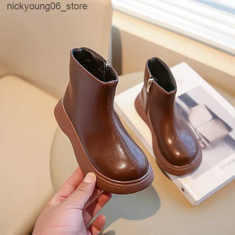 Boots Childrens Autumn Boots Fashion Round-toe PU Leather Kids Single Boots Causal Versatile Spring Girls Ankle Boot Thick Bottom L240910