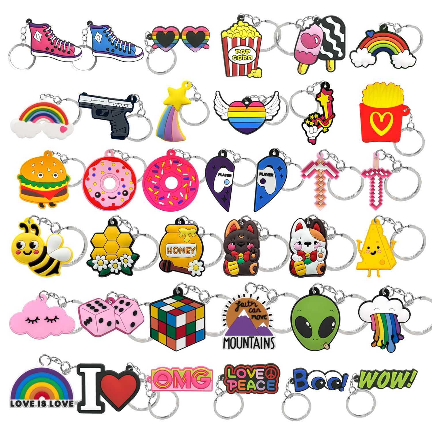 1PVC Honey Bee Cheese Keychain Magic Cube Cloud Gun Key Ring Gamepad Drinks Key Chain Handbag Accessories for Women KidsX241008