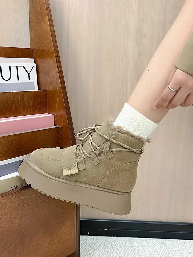 Round Toe Lady Boots Womens Rubber Shoes Rain Booties-Women Winter Footwear Lace Up Flat Heel Australia Lolita Med Snow PU S Q240914