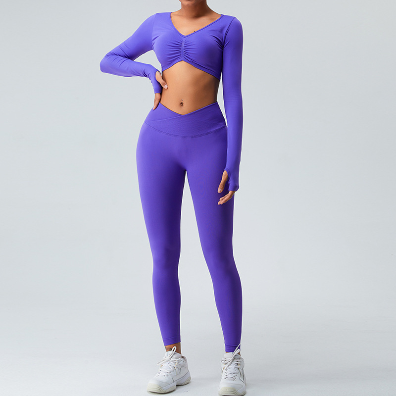 Autumn new seamless women's long sleeved cross abdominal yoga pants running sports fitness suit set