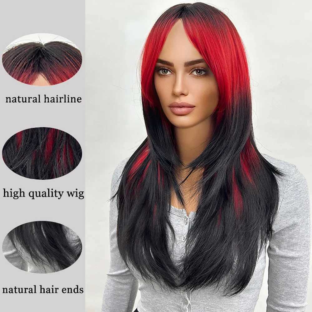 Ombre Red to Black Synthetic Wigs with Bangs Long Straight Layered Wig Colored Party for Women Heat Resistant HairXJ241008