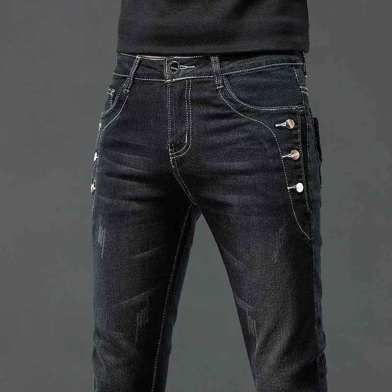 Retro fashion mens designer jeans snowflake wash Korean fashion elastic pants mens classic ultra-thin denim TrouserW240715