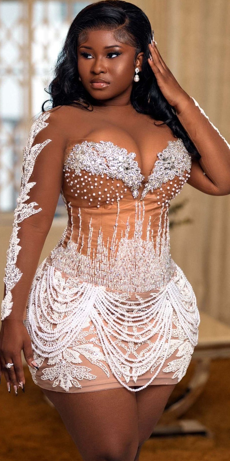 Chic Ivory Illusion Sheath Cocktail Dress Full Sleeves Rhinestones Lace Beaded Short Mini Graduation Homecoming Dresses For Special Occasions Sweethea