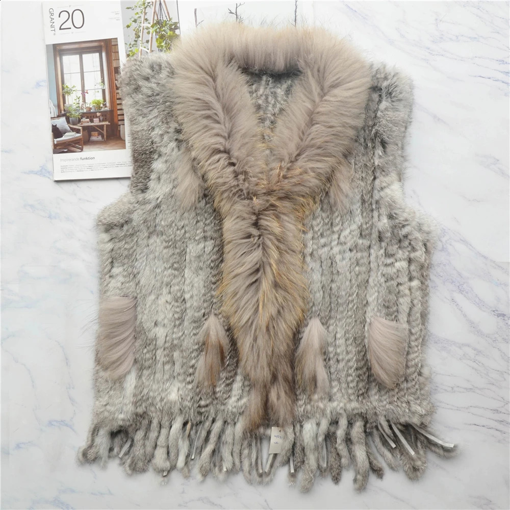 Womens genuine rabbit fur vest tassel coat raccoon fur collar jacket waist clothing wholesale direct 240924