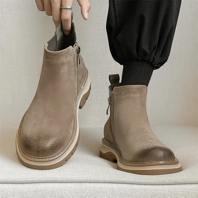 Fashion Trends Mens Side Zipper Genuine Leather Ankle Slip-on Man Business Shoes Cowhide Boots 240929