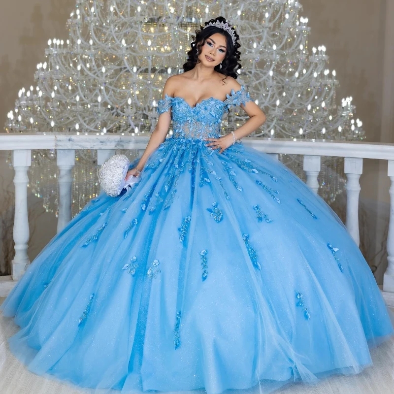 Sky Blue Shiny Princess Quinceanera Dresses Appliques Lace-up Corset Off Shoulder Party Birthday Vestidos De 15 Anos Sweet 16 Dress