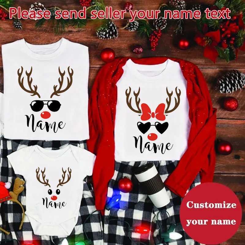 Reindeer Christmas Shirt Customized Name Family Match Christmas T-shirt Personalized Holiday Christmas New Year Family Appearance Set W241008
