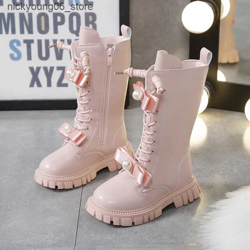 Boots Girls Boots Autumn Winter Warm Plush Princess Long Boots Fashion Pearl Bow Leather Boots Soft Bottom Anti Slip Kids Shoes Pink L240910