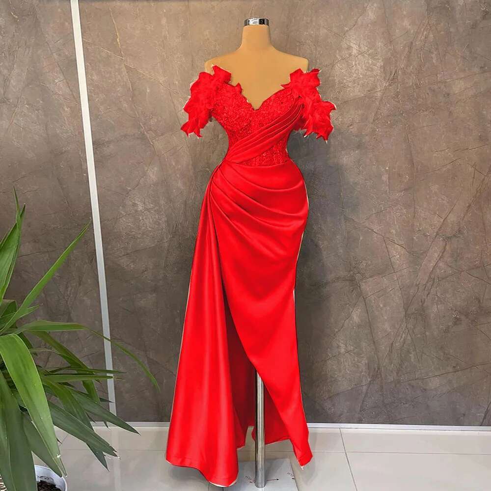 Pink Satin Feather Evening Ladies Party Sleeveless Beaded Sexy Prom Mermaid High Split Formal Ocn Dress