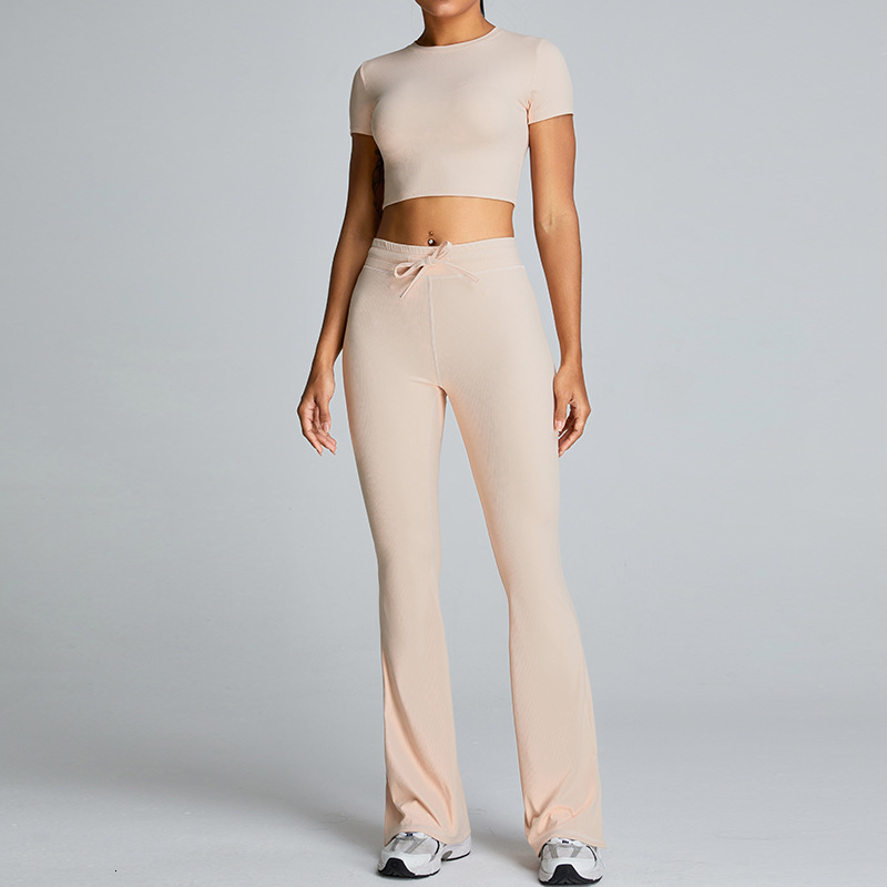 Threaded micro yoga set for women, slim fit and slimming fitness top, split flared pants, skipping exercise suit