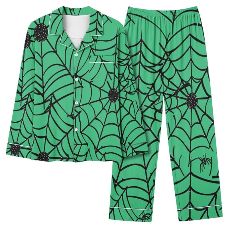 Autumn pajama set for womens Halloween bat print long sleeved elastic waist loose pants twopiece clothing 241008