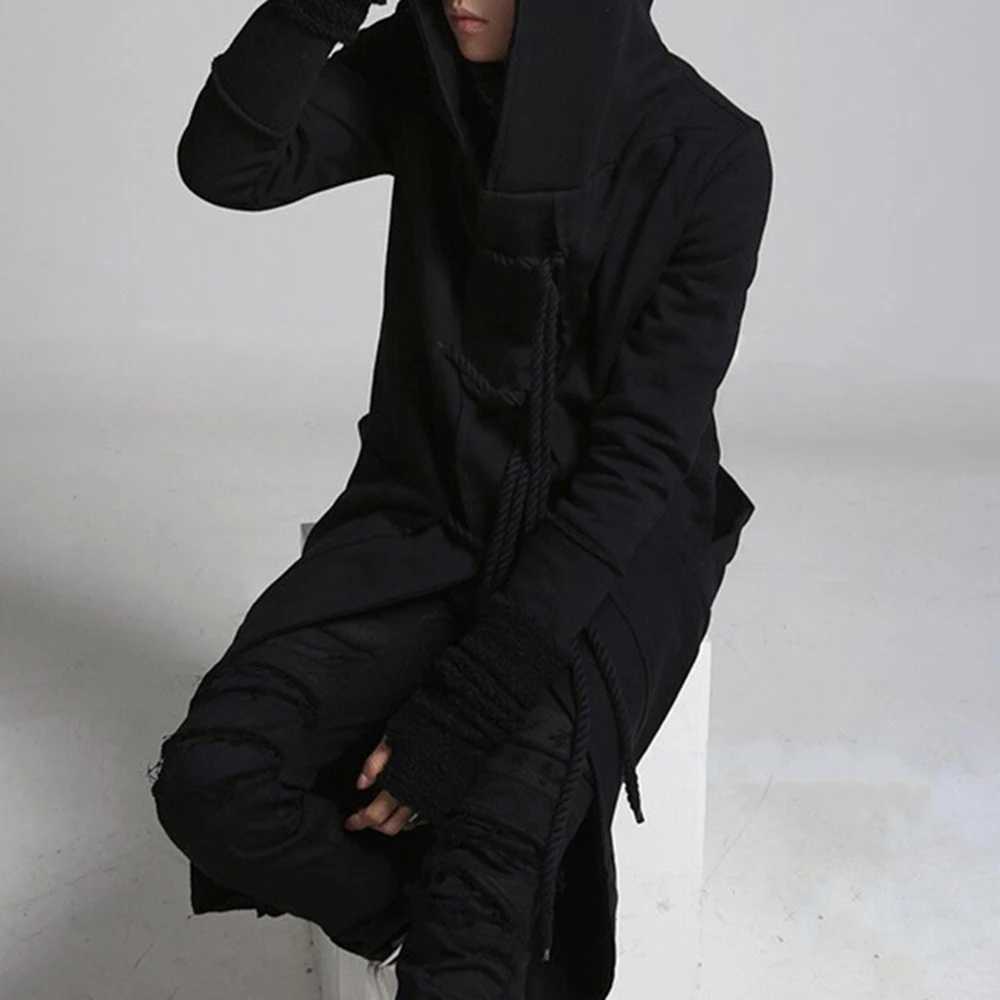 Mens trench coat Korean dark style autumn and winter cool windproof hip-hop medium length fashionable mens hooded sweatshirt W241007