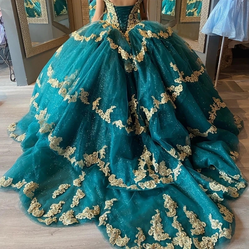 Emerald Green Ball Gown Quinceanera Dress Golden Lace Applique Beads XV Princess Vestidos De 15 Anos Party Birthday Sweet 16 Dres
