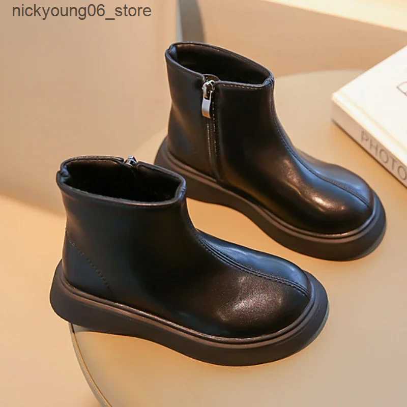 Boots Childrens Autumn Boots Fashion Round-toe PU Leather Kids Single Boots Causal Versatile Spring Girls Ankle Boot Thick Bottom L240910