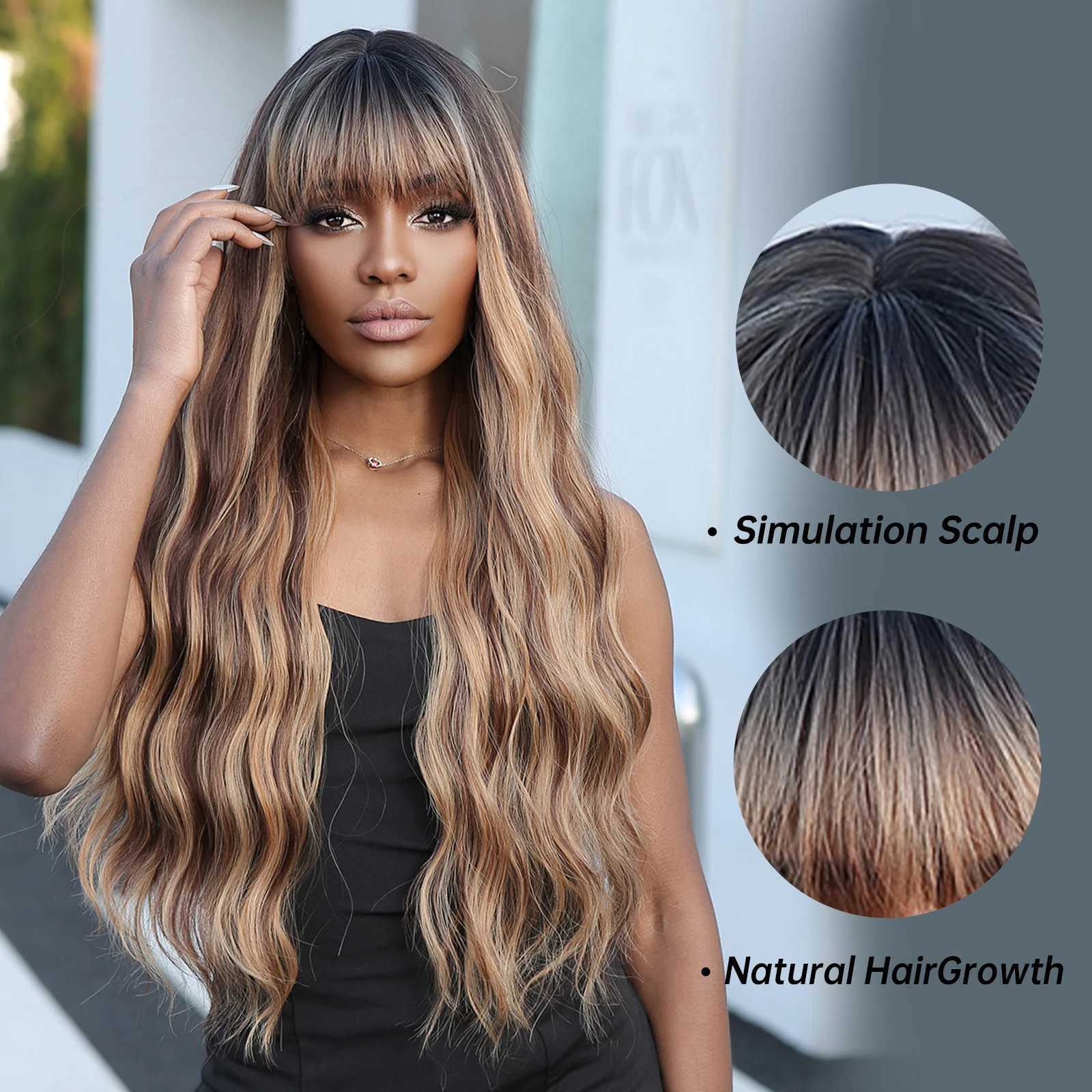 Chocolate Brown Highlight Synthetic Wigs Long Curly Wave Hair Wig With Bangs for Women Heat Resistant Honey Brown Cosplay HairXJ241008