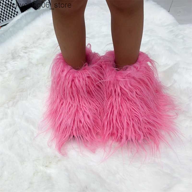 Boots Hot Kids Warm Fur Boots Kids Winter Plush Faux Fur Snow Boots Ladies Furry Outdoor Slip On Shoes Female Cozy Fuzzy Cotton Boot L240910