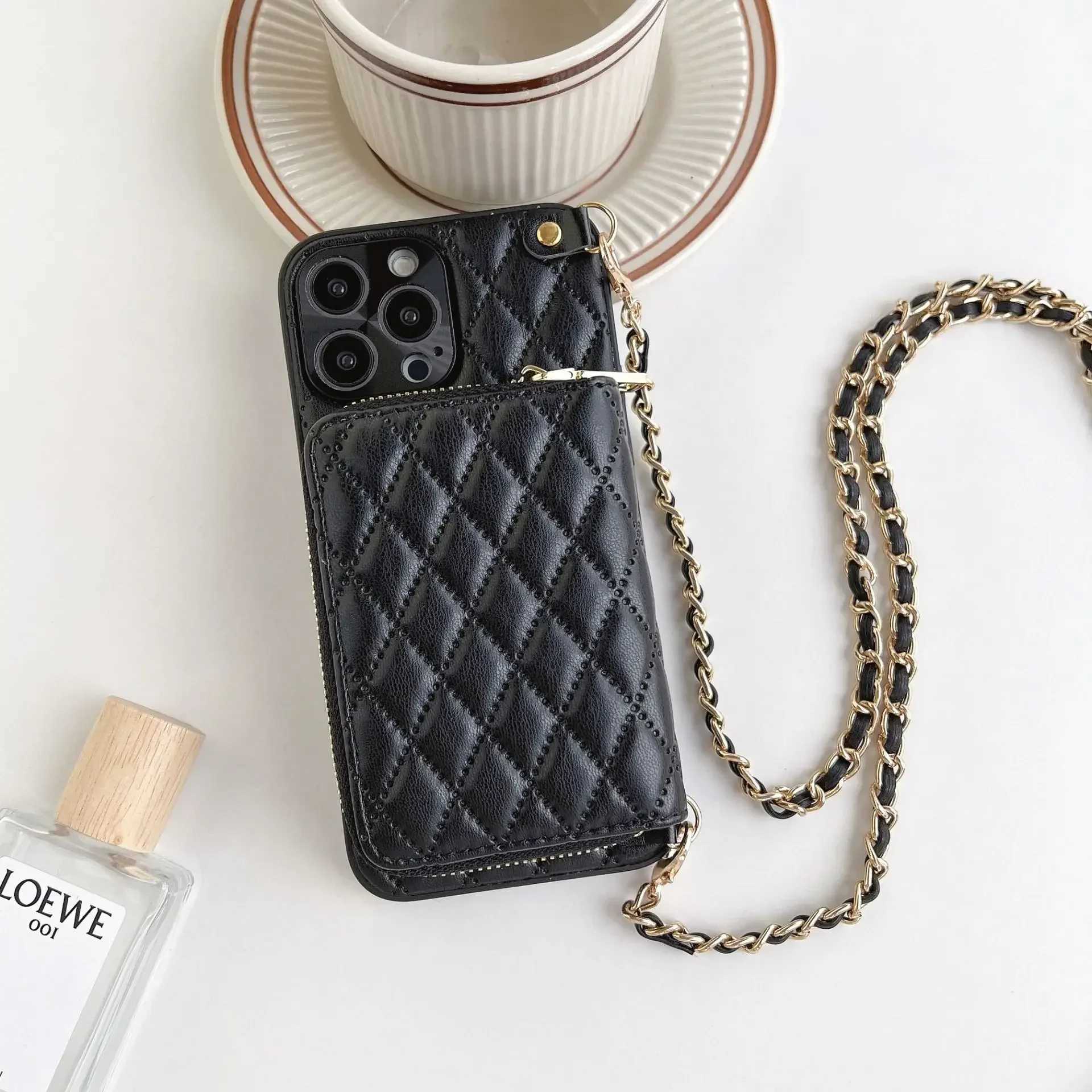 Luxury Case Crossbody Tether Phone Case Suitable for iPhone 16 15 14 13 12 11 Pro Max Zipper Wallet Card Slot Bracket Chain PU Leather Cover Z241008
