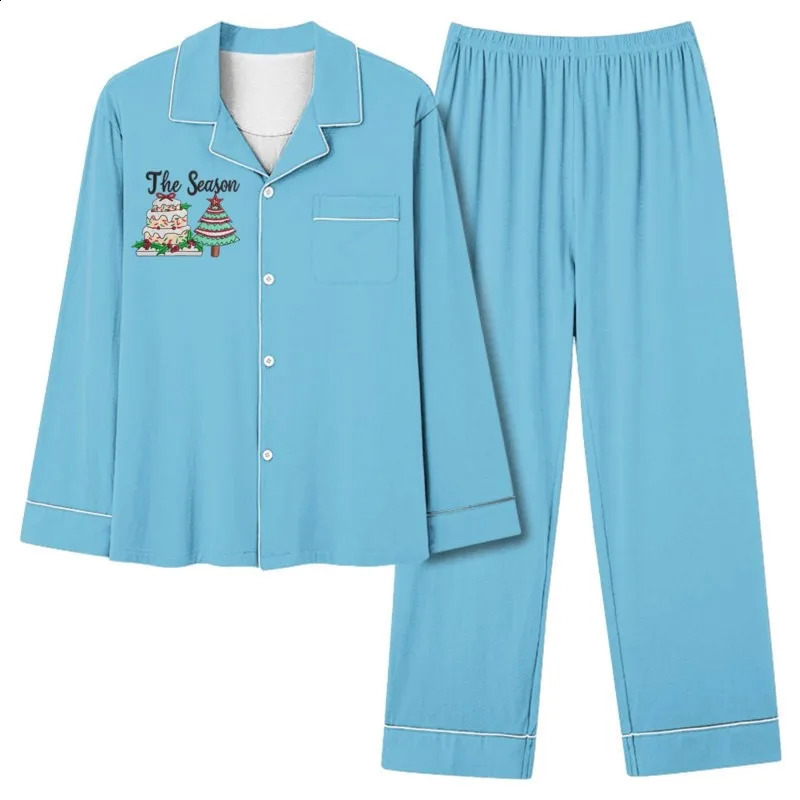 Womens twopiece set for spring summer autumn blue and floral printed womens pajamas casual loose comfortable home clothes 241008