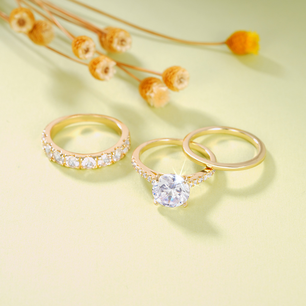 3PCS Wedding Rings Elegant Vintage Jewelry 10KT Gold Fill Round Cut White Cubic Zircon CZ Diamond Gemstones Party Eternity Women Bridal Ring Set Gift