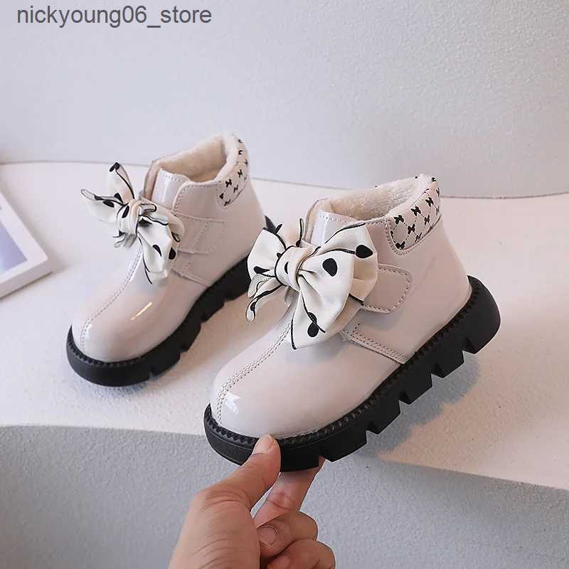 Boots Bow Design Girl Leather Boots for Kids Autumn Winter Plus Cotton Warm Snow Boots Waterproof Non-slip Princess Short Ankle Boots L240910