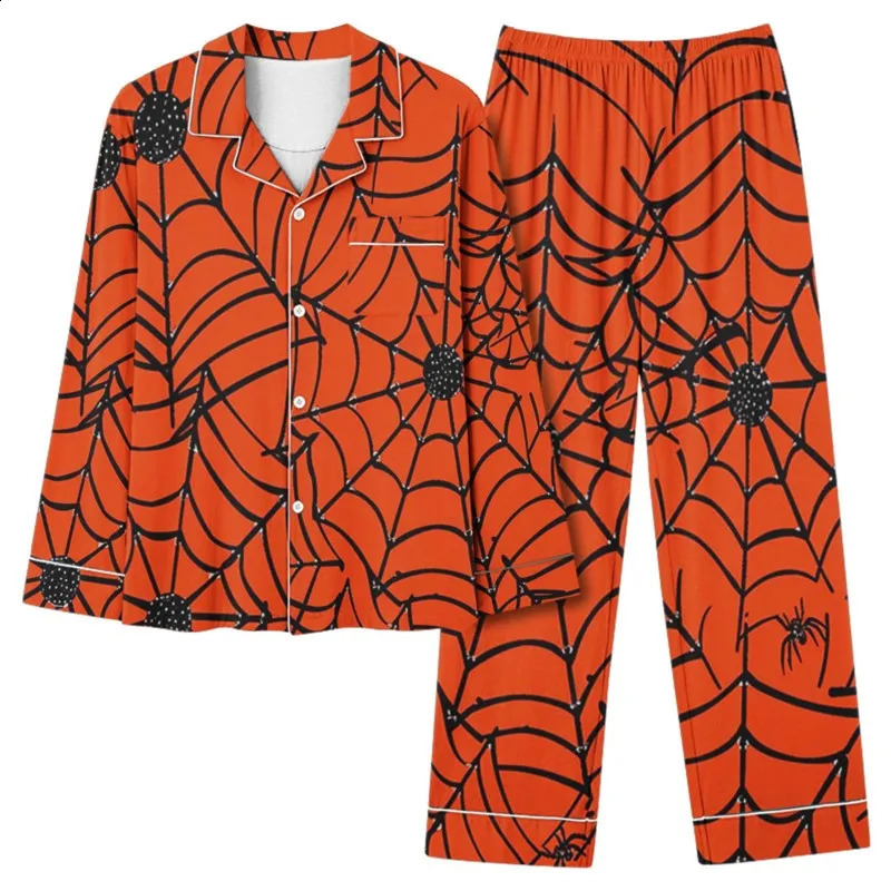 Autumn pajama set for womens Halloween bat print long sleeved elastic waist loose pants twopiece clothing 241008