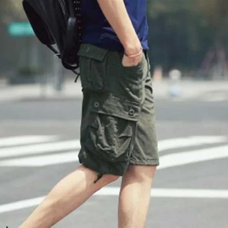 Bermuda mens shorts solid mens cargo shorts button khaki vintage cotton Harajuku loose pockets jogging free deliveryW240713