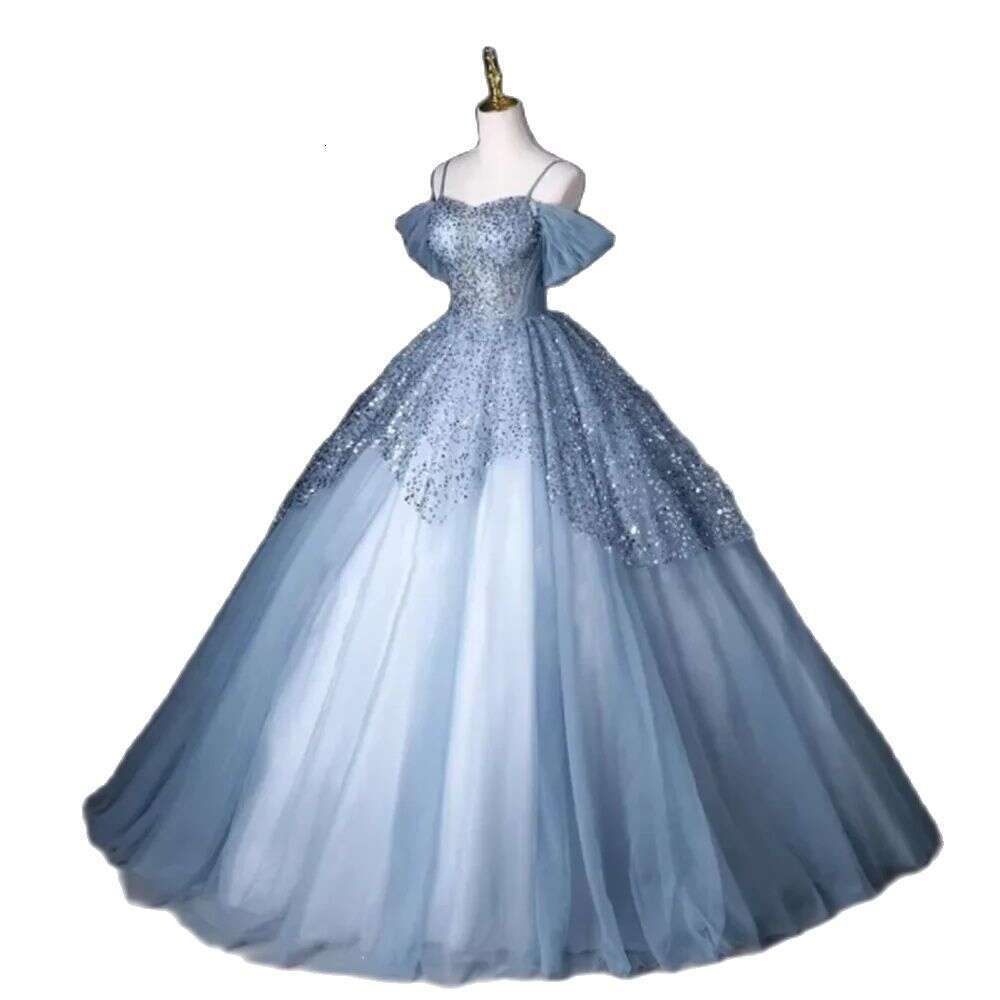 Light Blue Tulle Women Prom Dresses Sweetheart Spaghetti Strap or Length A-e Shiny Sequin Smart Evening Party Gowns
