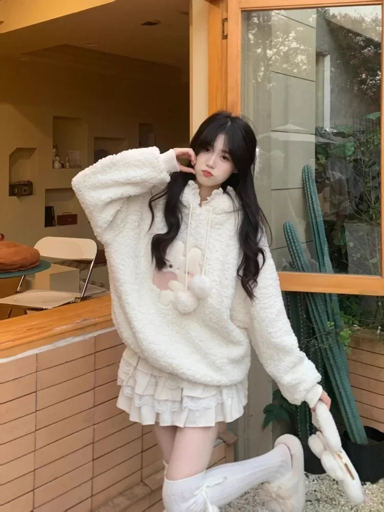 Deeptown Kawaii Bunny Hoodies Women Sweet Japanese Cutecore Lamb Wool Pullovers Warm Winter Fleece Sweatshirts Loose Soft 241008