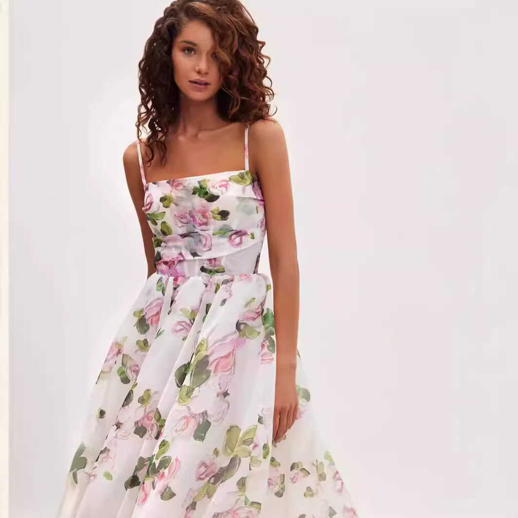 Casual Dresses New Spring Summer Womens Fashion Strap Organza Fairy Style Medium Long Style Evening Dress Urban Sexy Dresses 240924