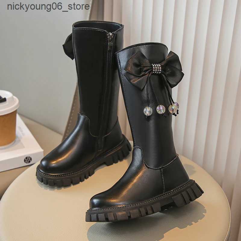 Boots Childrens Autumn Boots Solid Color Girls High Boots School Black Beige Versatile Kids Tassels Long Boots Matte Leather Zipper L240910