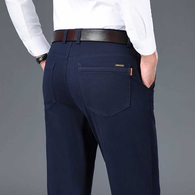 Autumn Classic Mens High Waist Business Jeans High Quality Deep Blue Straight Stretch Denim Mens Brand Thick PantsW240715