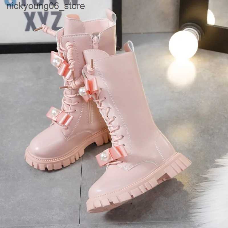 Boots Girls Boots Autumn Winter Warm Plush Princess Long Boots Fashion Pearl Bow Leather Boots Soft Bottom Anti Slip Kids Shoes Pink L240910