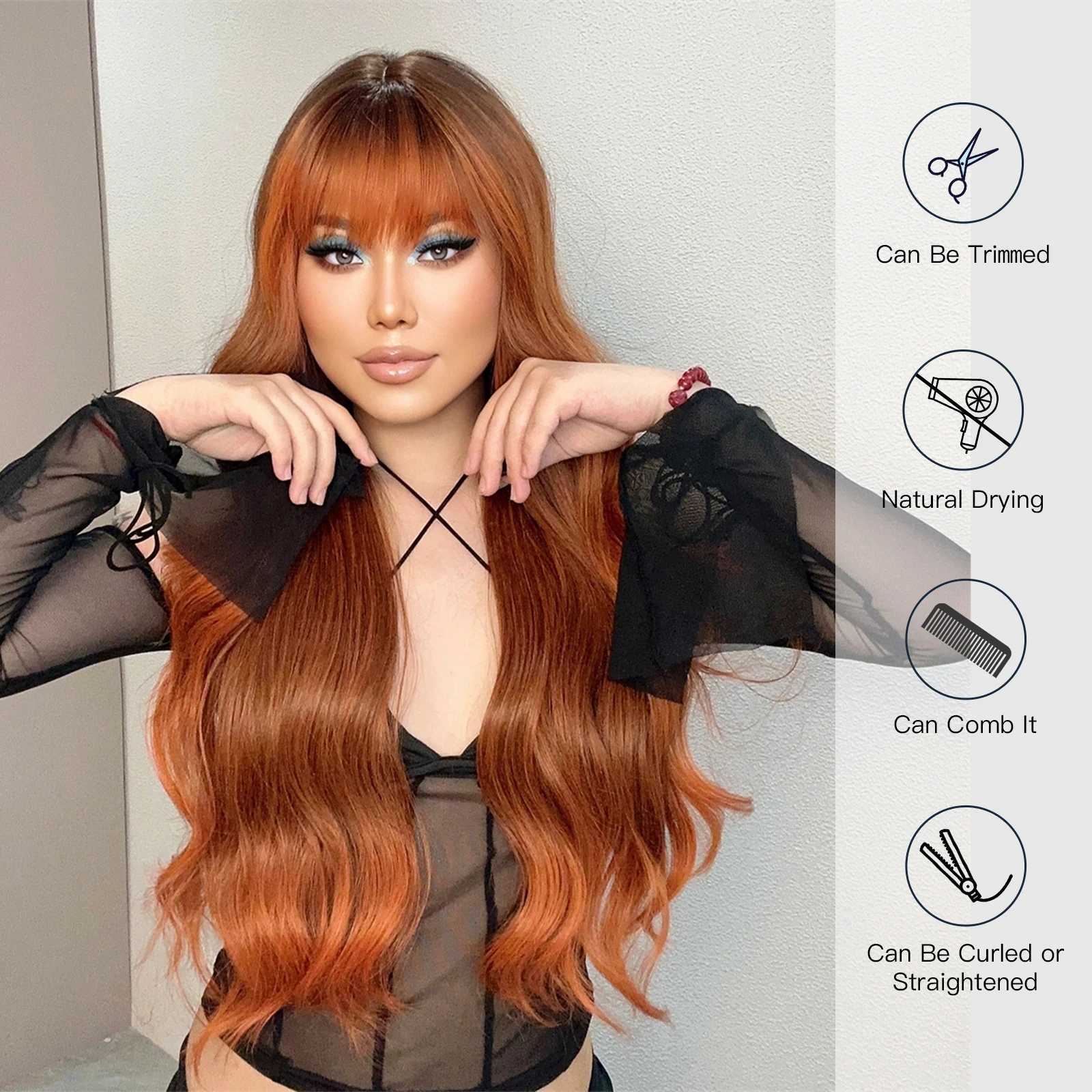 Ombre Red Brown Synthetic Wig with Bangs Long Wavy Copper Brown Women Wigs Natural Hair Cosplay Daily Use Wig Heat ResistantXJ241008