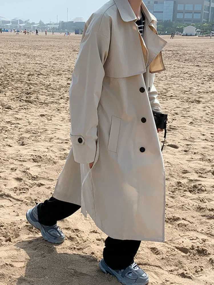 Gmiixder Spring Black Windproof Mens Medium length Trench Coat Trend Casual Personalized Long Jacket Japanese Temperature Apricot Tree Top W241007