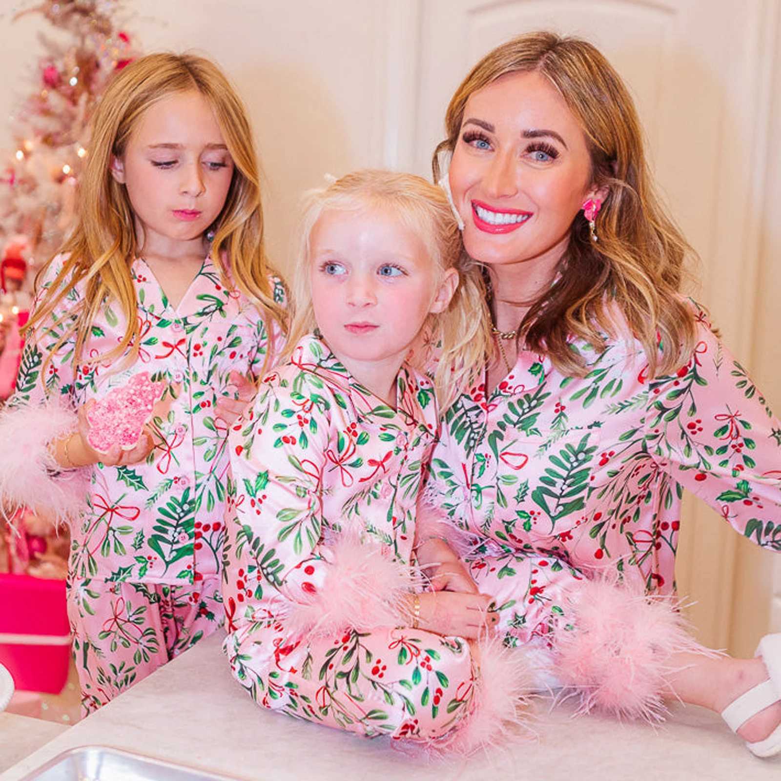 Hirigin Mommy and Me Christmas Pajama Set with Feather Edge Long Sleeve Button Bottom Matching Christmas Pajamas W241008
